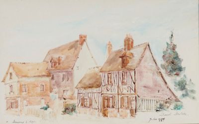 tableau représentant une maison au toit de chaume dans un village
