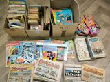 beaucoup de bandes dessinées dans une boîte posée par terre