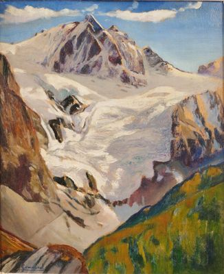 tableau représentant une montagne enneigée avec une rivière au premier plan