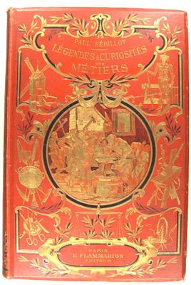 un vieux livre rouge aux bordures dorées, avec l'image d'un homme à cheval