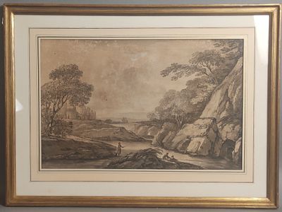 un vieux dessin représentant un paysage, avec un homme et un chien au premier plan
