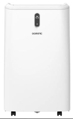 a white portable air conditioner on a white background
