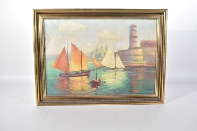 tableau représentant des voiliers dans un port, avec un phare en arrière-plan