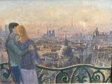 un tableau représentant deux personnes debout sur un balcon donnant sur une ville