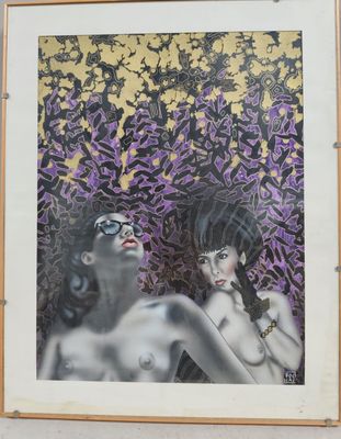 tableau représentant deux femmes nues sur un fond violet et jaune