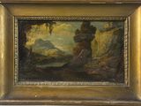 an oil painting of a landscape with a river and mountains in the background