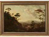 un tableau représentant un paysage avec du bétail et des arbres au premier plan