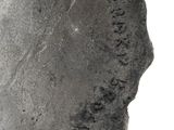 a stone head with writing on it on a white surface