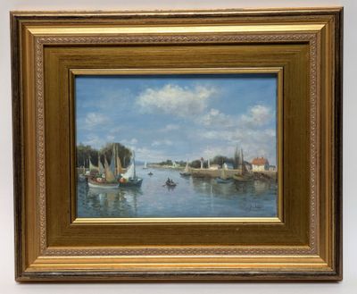 an oil painting of boats in a harbor on a sunny day
