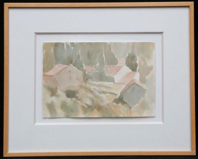aquarelle encadrée représentant un paysage avec des maisons et des arbres