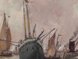 a painting of a ship in the water with other ships in the background