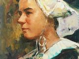 une peinture à l'huile représentant une femme portant un chapeau blanc