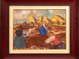 an oil painting of a group of people working in a field