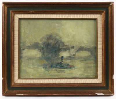 un tableau représentant un homme dans un bateau sur une rivière
