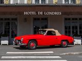 a red car parked in front of the hotel de londres