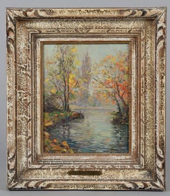 a painting of a river scene with trees and a castle in the background