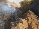 a painting of a group of people standing in front of a cave