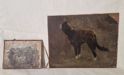 une peinture représentant un cheval et une photo d'un chien sur fond blanc