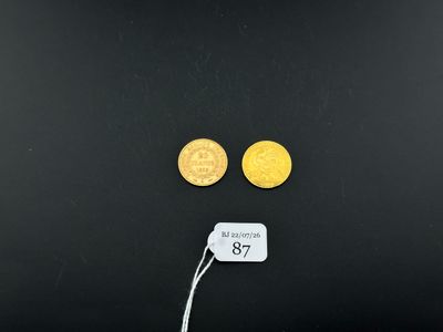 two gold coins and a tag on a black surface