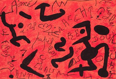 une image représentant un tableau montrant un groupe de personnes sur fond rouge