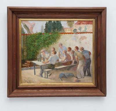 an oil painting of a group of men playing a game of ping pong