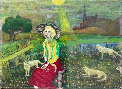 a painting of a woman sitting on a bench in a field