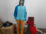 un mannequin vêtu d'une tenue bleue et jaune dans une pièce