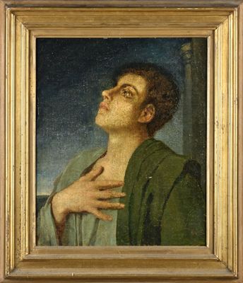 un tableau représentant un homme, les mains posées sur la poitrine