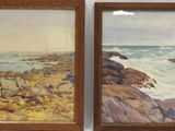 deux tableaux encadrés représentant une scène de plage avec des rochers et un plan d'eau