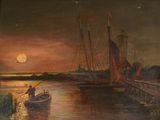 an image of a painting of a man in a boat on the water