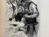 an old book with a drawing of a man sitting on a chair