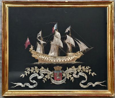 une image ancienne encadrée représentant un voilier orné de drapeaux et de bannières