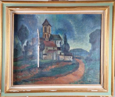 une photo d'un tableau représentant une église sur une colline