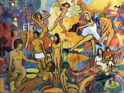 a painting of a group of people on the beach