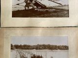 two black and white photos of people standing on a bridge