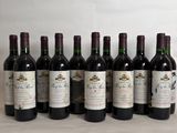 six bottles of wine are lined up on a table