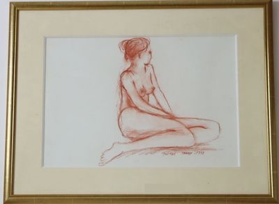 tableau représentant une femme nue assise par terre, dans un cadre doré
