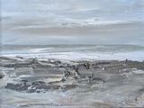 an oil painting of a beach scene with people walking on the sand