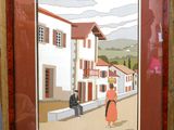 tableau représentant une femme et un homme debout devant un immeuble