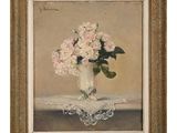 une peinture à l'huile représentant un vase de fleurs sur une table