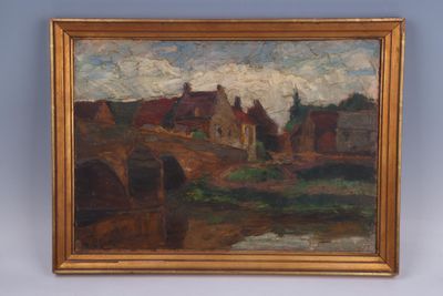 an oil painting of a bridge over a river with buildings in the background