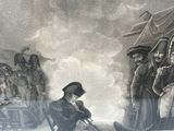 painting of a man sitting in a chair in front of a group of soldiers