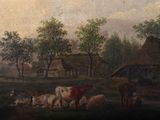 a painting of a farm scene with cows and sheep in the foreground