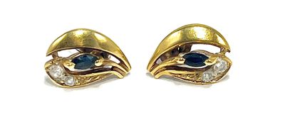 an image of a pair of gold earrings with blue and white stones