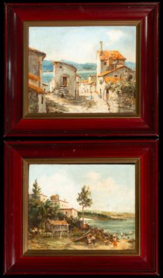 two framed paintings of a village scene with a river and buildings