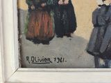 painting of a group of women standing in front of a building