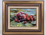 tableau représentant une nature morte composée de cerises, de pêches et encore de cerises posées sur une table