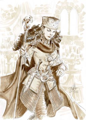 an image of a drawing of a man in armor with a bird on his shoulder