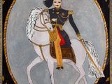 une image représentant un tableau où l'on voit un homme à cheval sur un cheval blanc