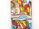 a picture of a painting of a small boat in the water